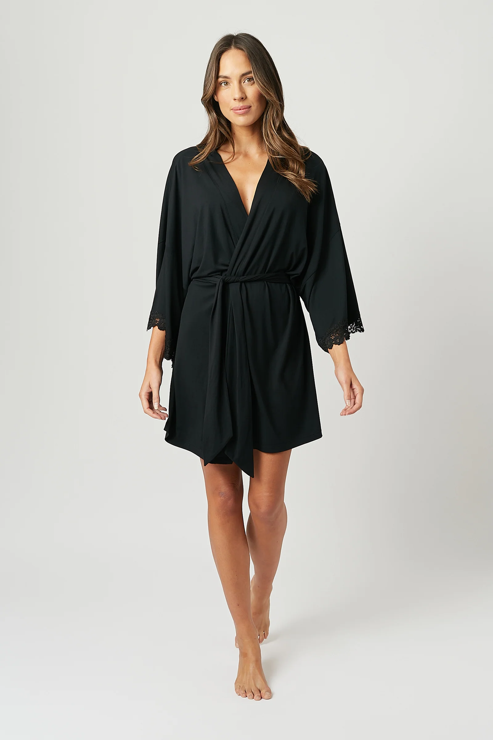 (Bundle) Lace Trim V-Neck Nightie + Modal Robe BLACK - Image 6