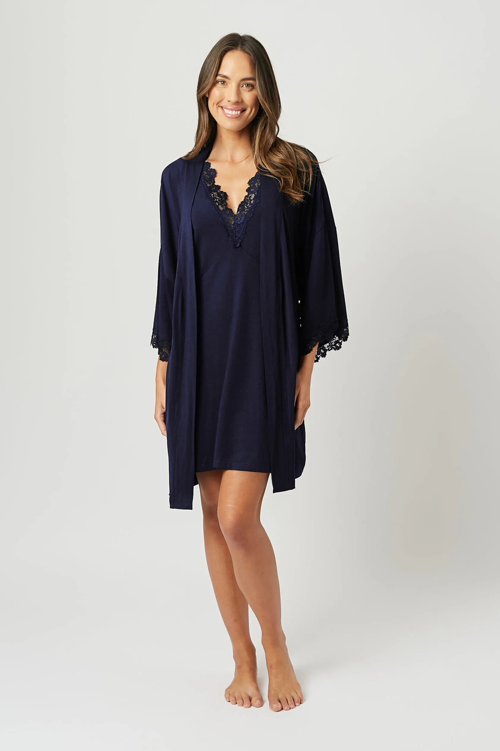 (Bundle) Lace Trim V-Neck Nightie + Modal Robe NAVY - Image 3