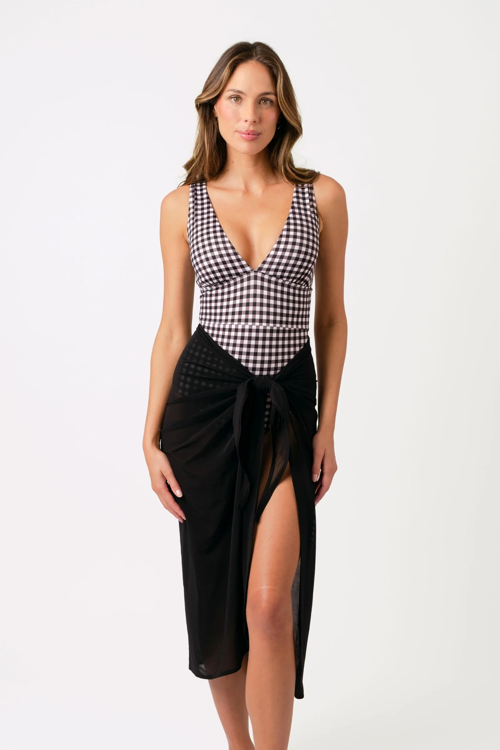 Classic V-Neck One Piece BLACK GINGHAM - Image 4