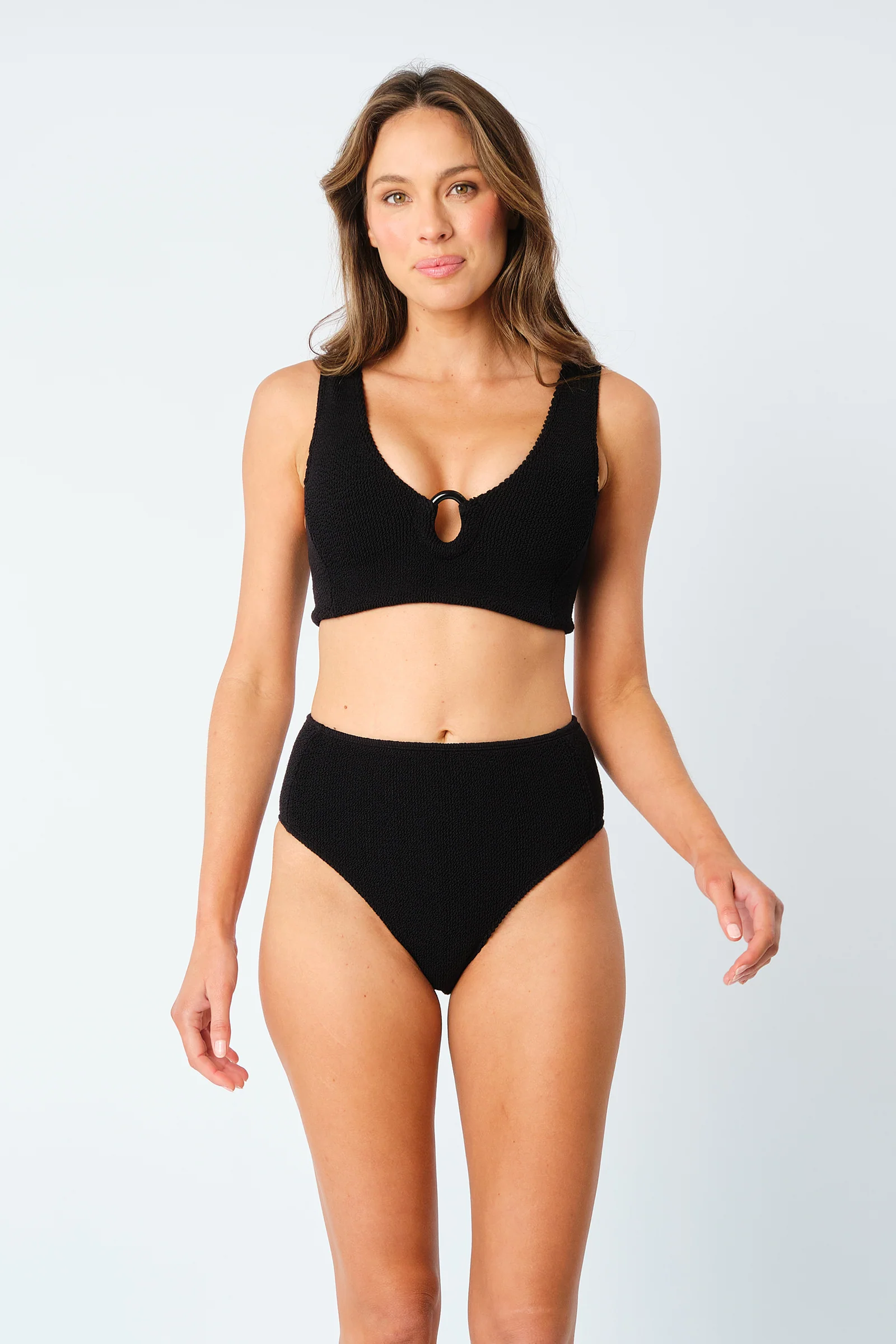 Crinkle Cut V-Neck Bikini Bralette with Ring BLACK - Image 5