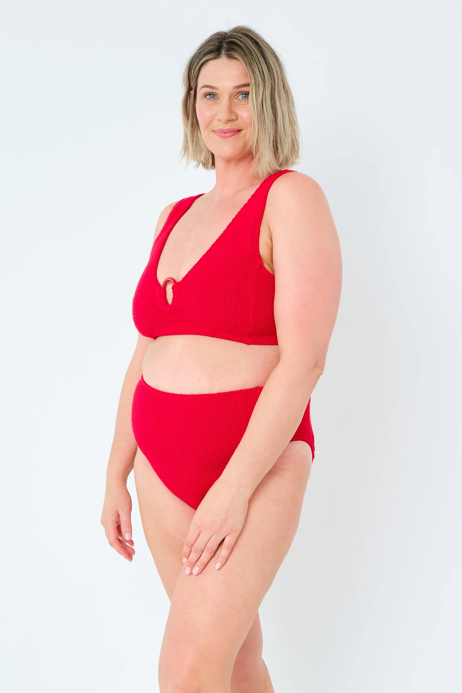 Crinkle Cut V-Neck Bikini Bralette with Ring RED - Image 11