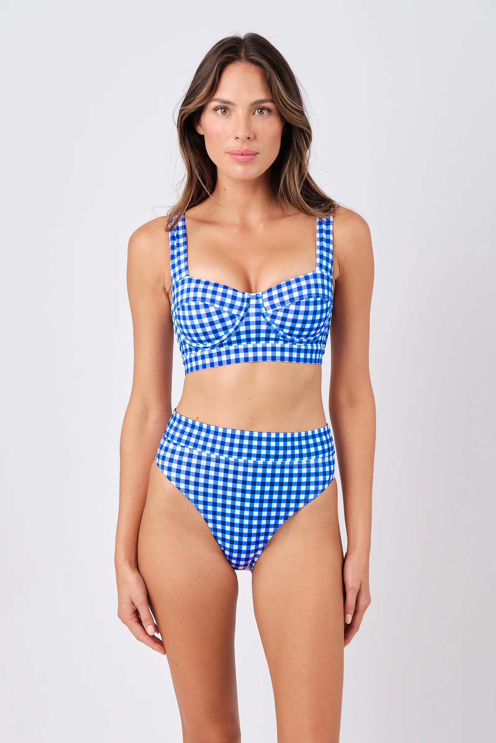 High-Cut High-Waisted Bikini Bottom COBALT BLUE GINGHAM - Image 3