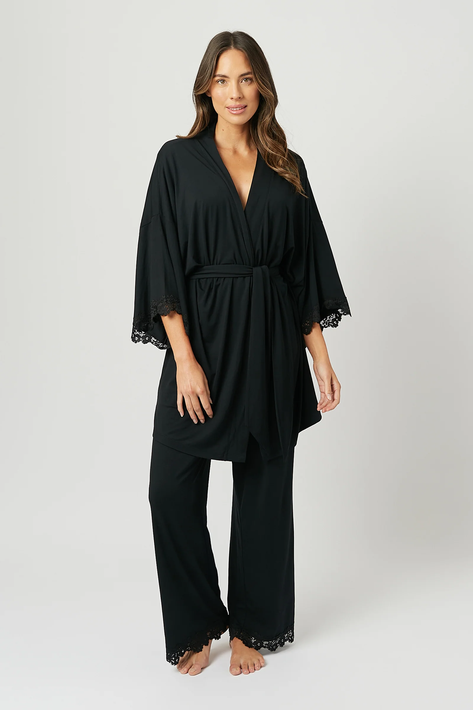 Lace Trim Modal Full Length Pyjama Set BLACK - Image 6