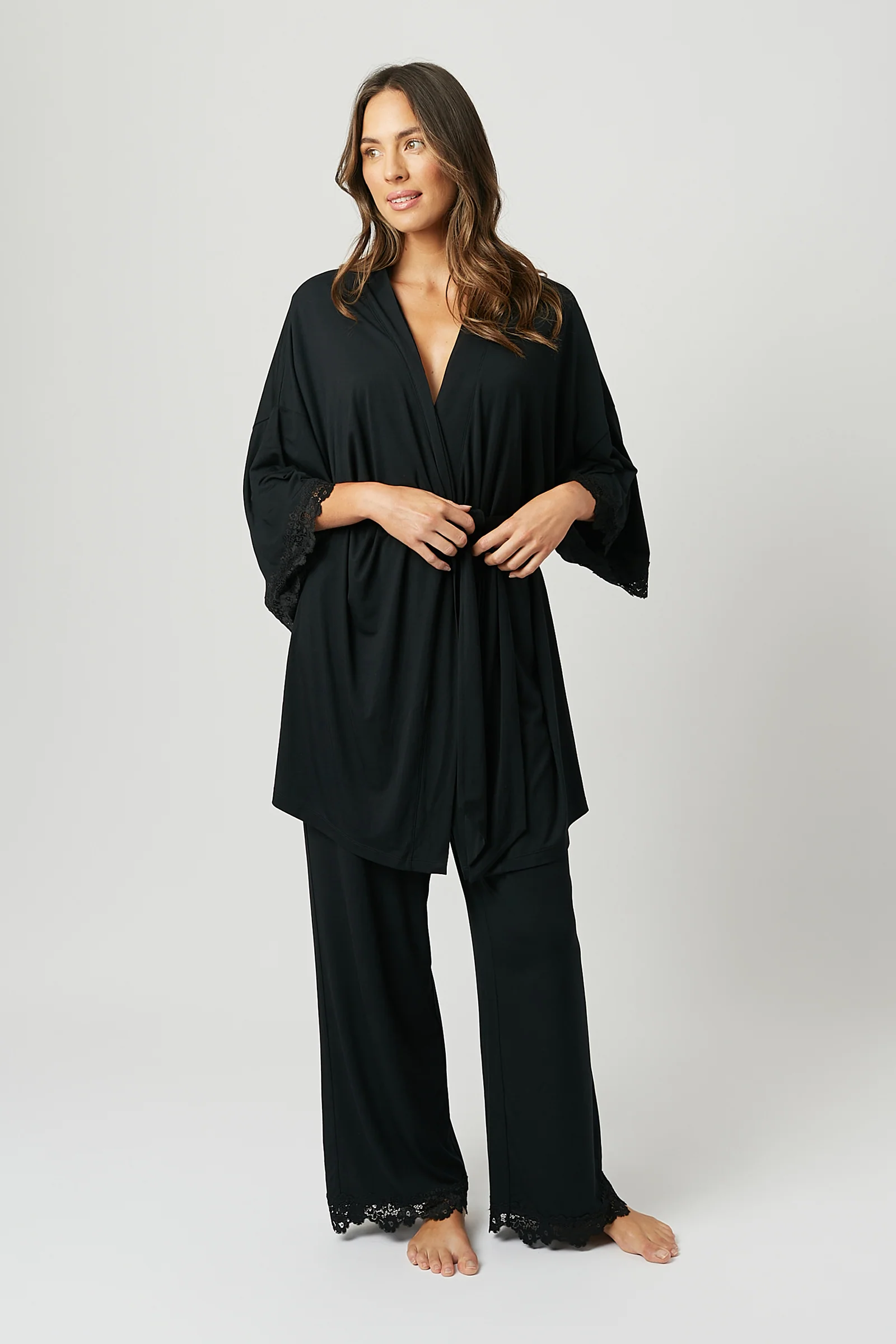 Lace Trim Modal Full Length Pyjama Set BLACK - Image 7