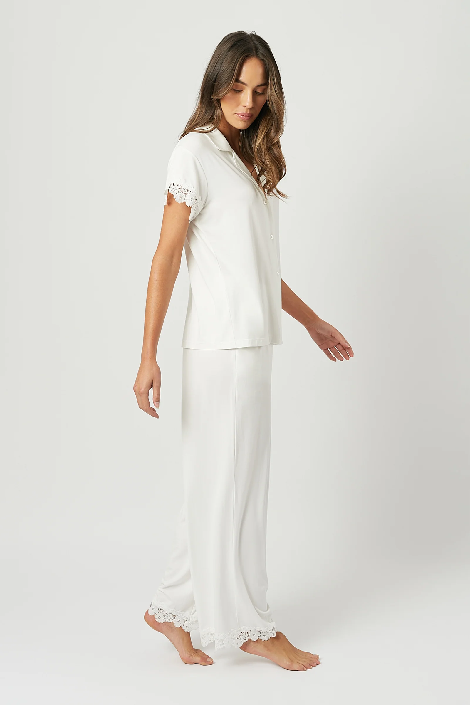 Lace Trim Modal Full Length Pyjama Set IVORY - Image 3