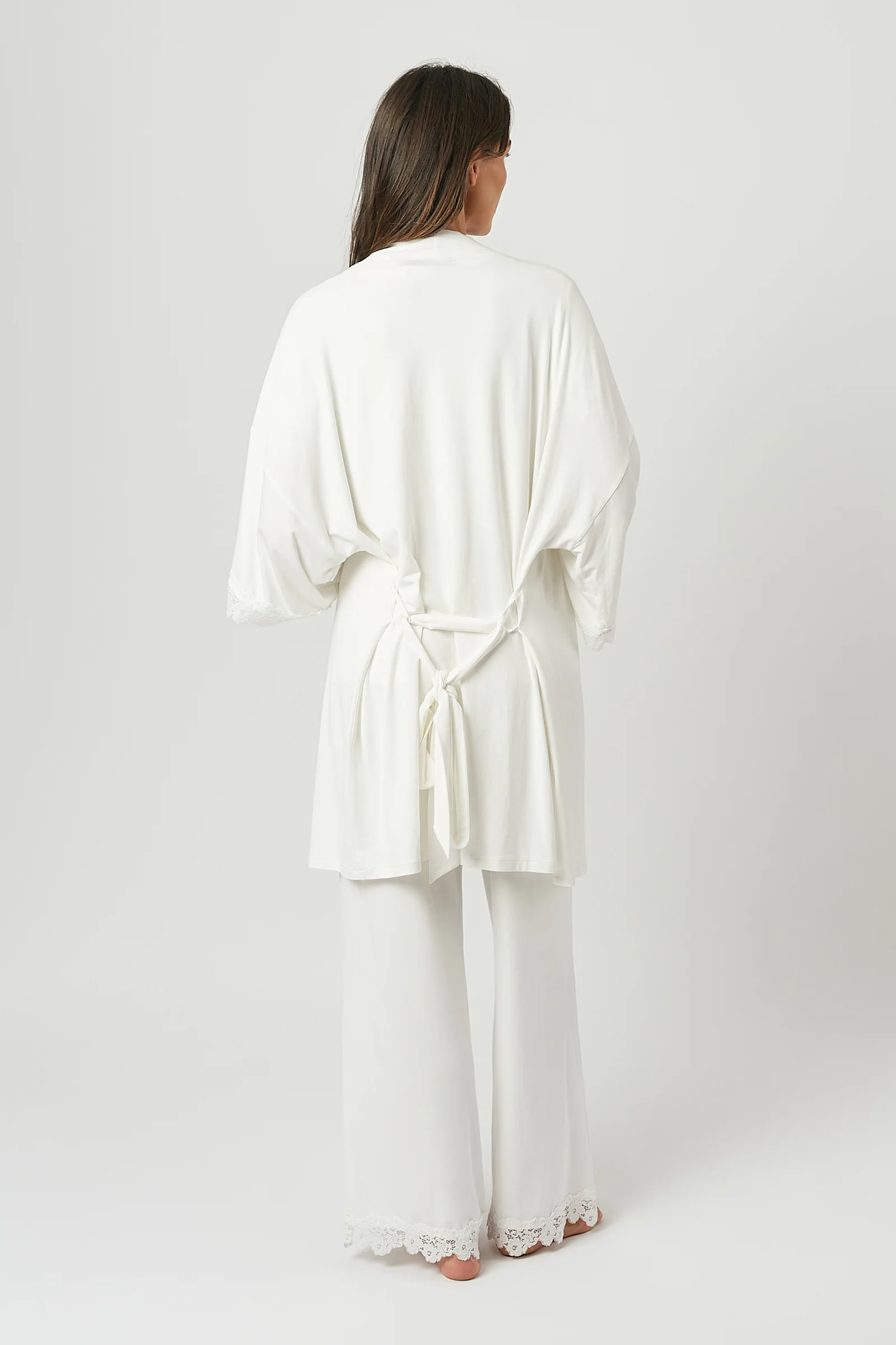 Lace Trim Modal Full Length Pyjama Set IVORY - Image 6