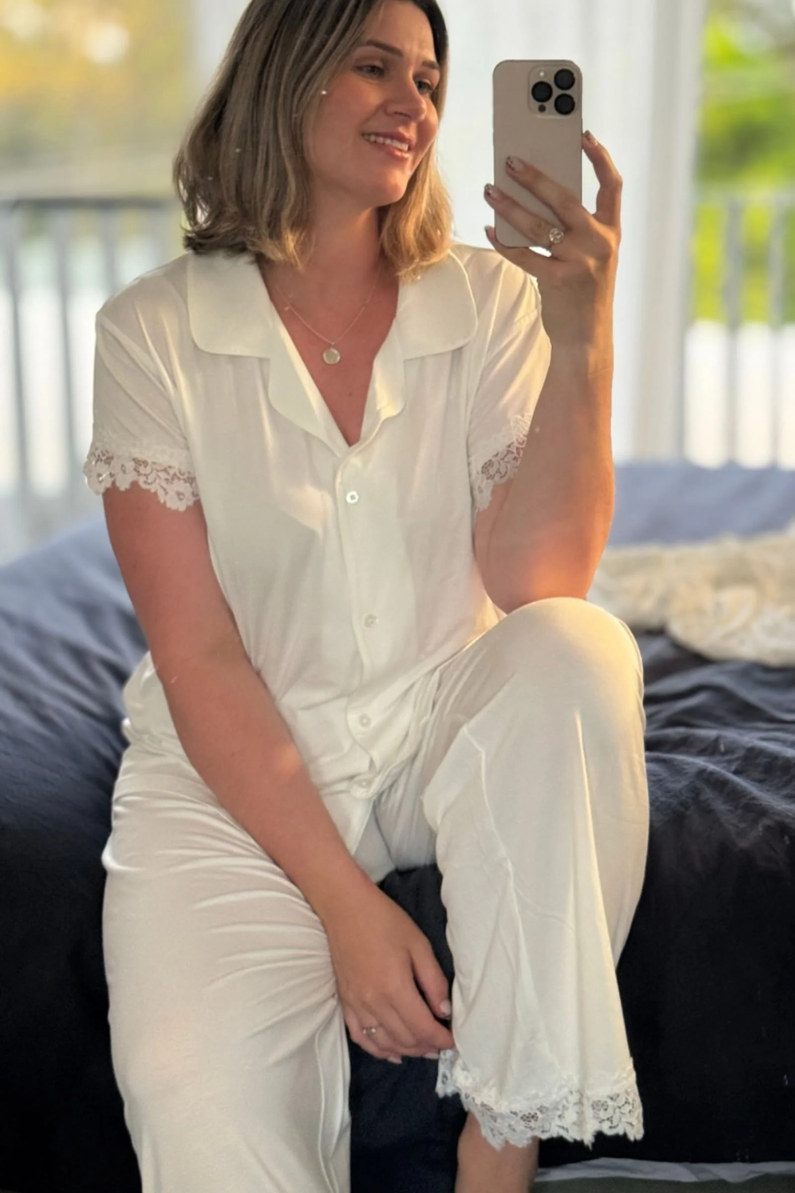 Lace Trim Modal Full Length Pyjama Set IVORY - Image 9