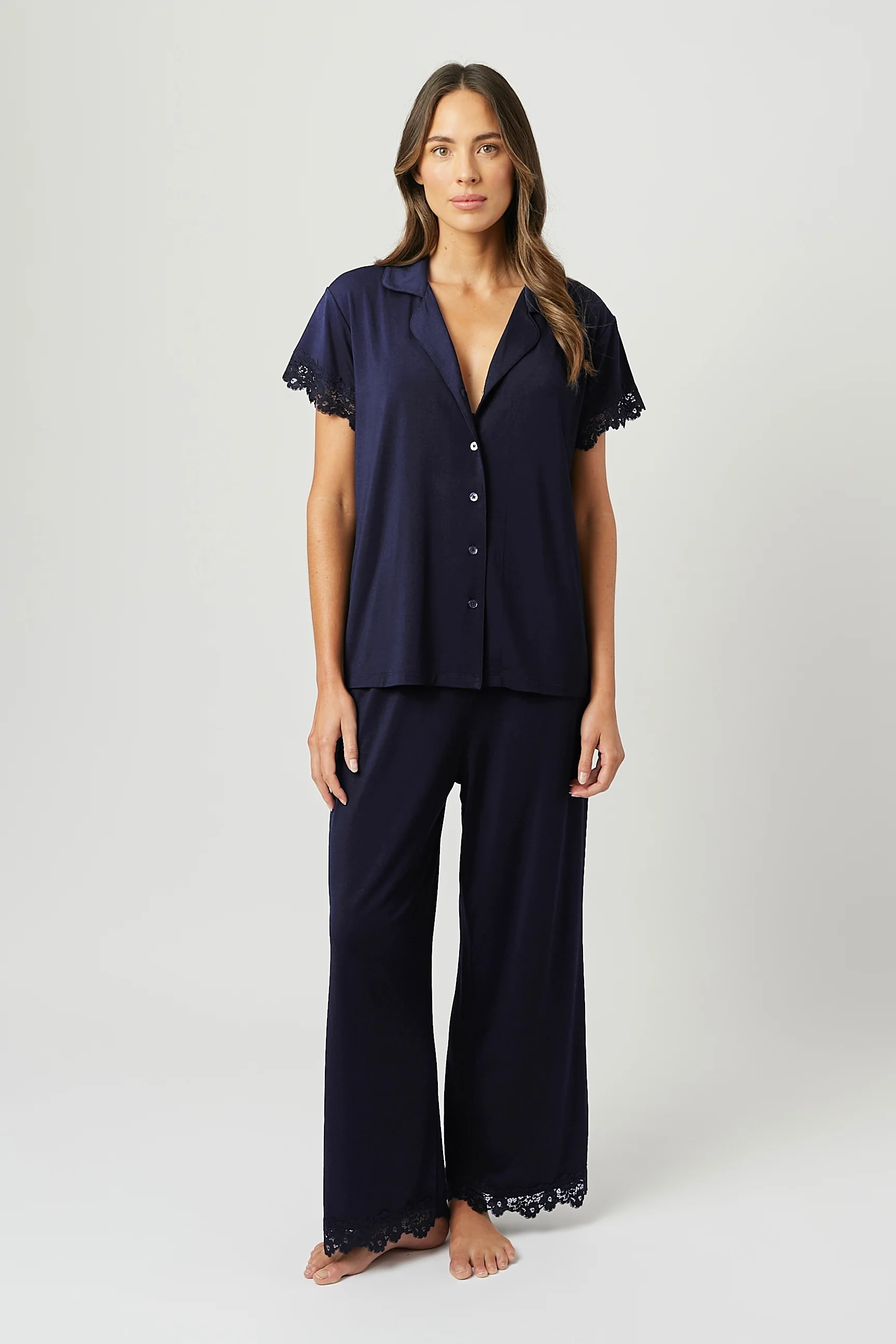Lace Trim Modal Full Length Pyjama Set NAVY - Image 3