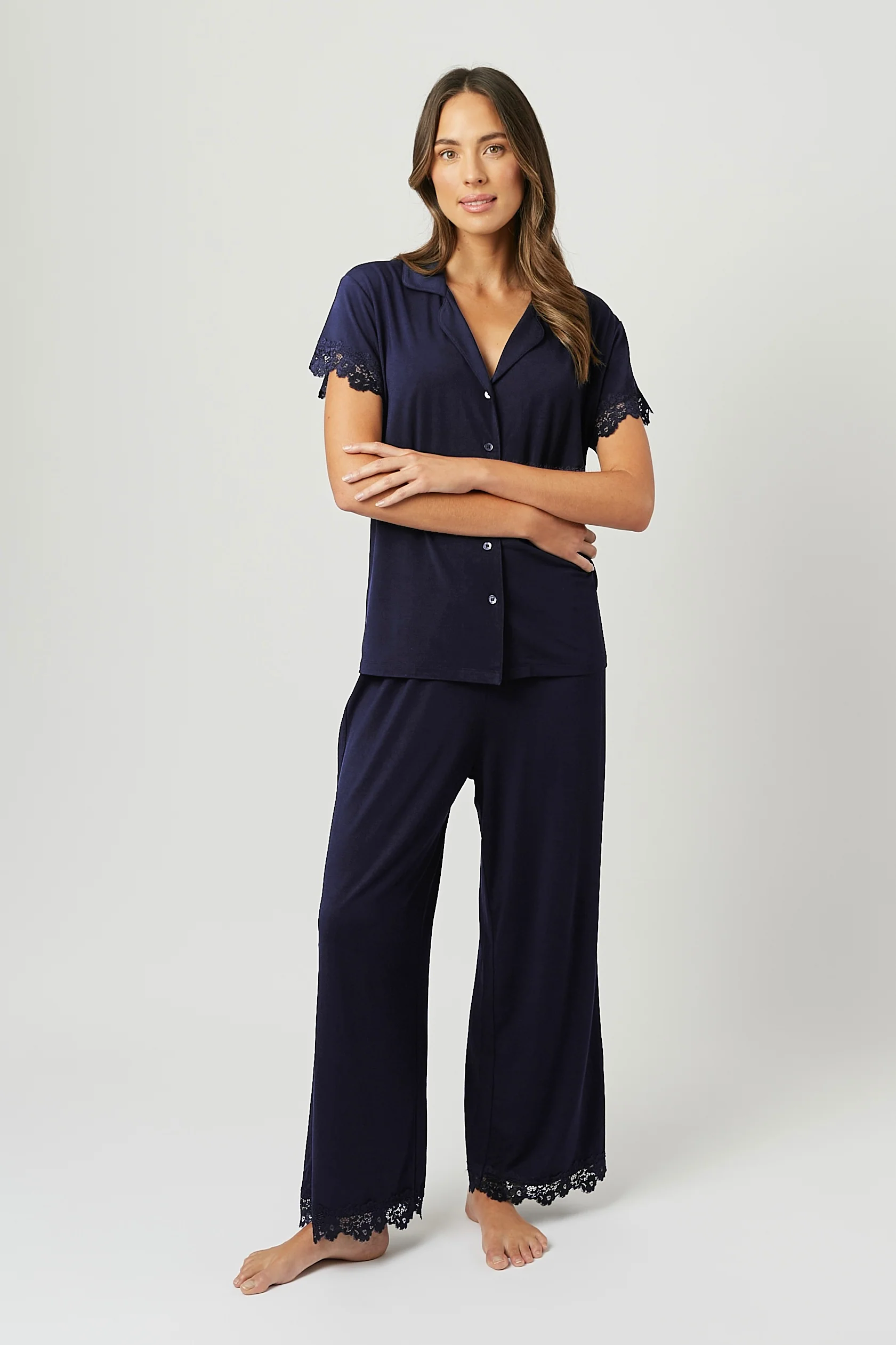 Lace Trim Modal Full Length Pyjama Set NAVY - Image 4
