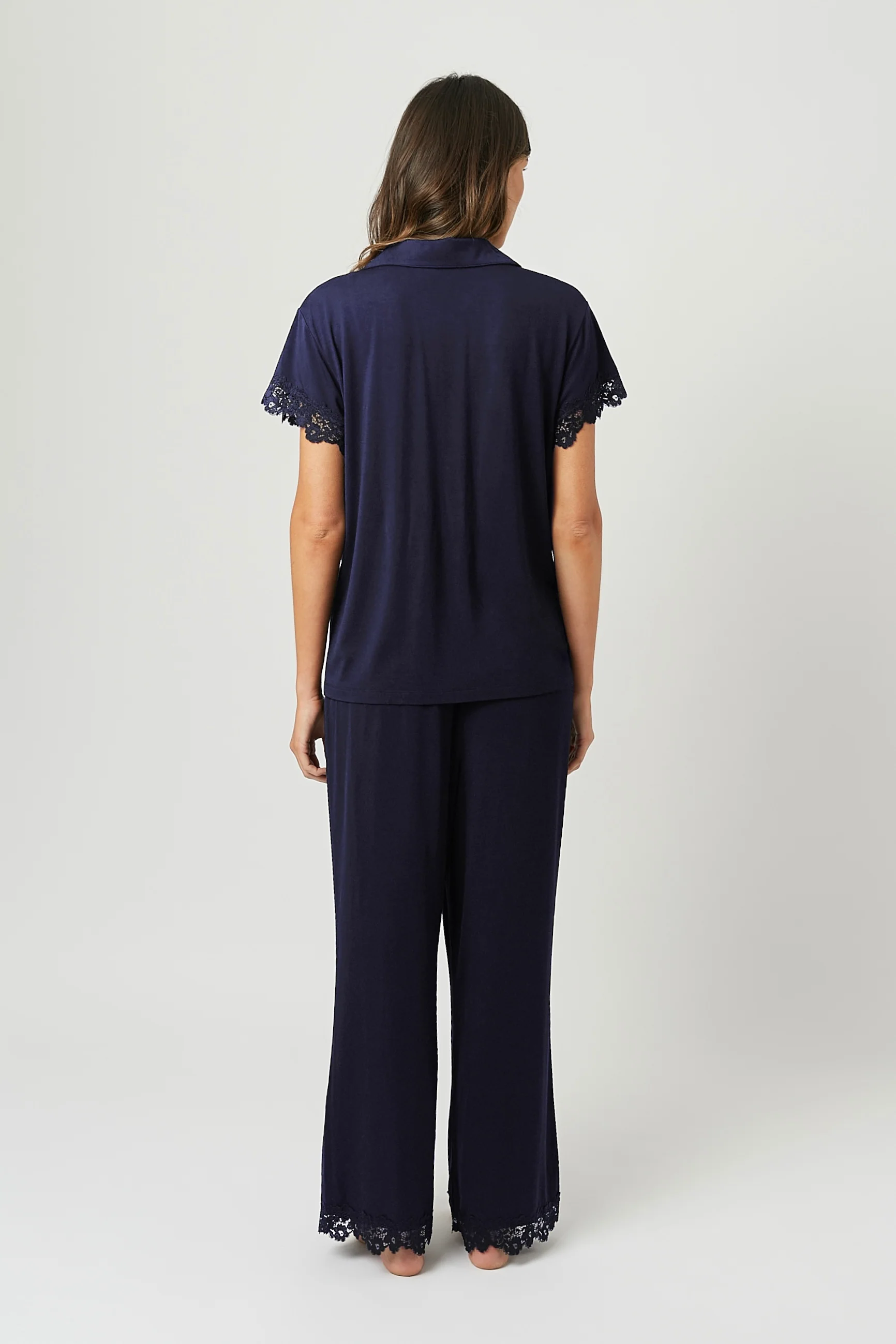 Lace Trim Modal Full Length Pyjama Set NAVY - Image 5