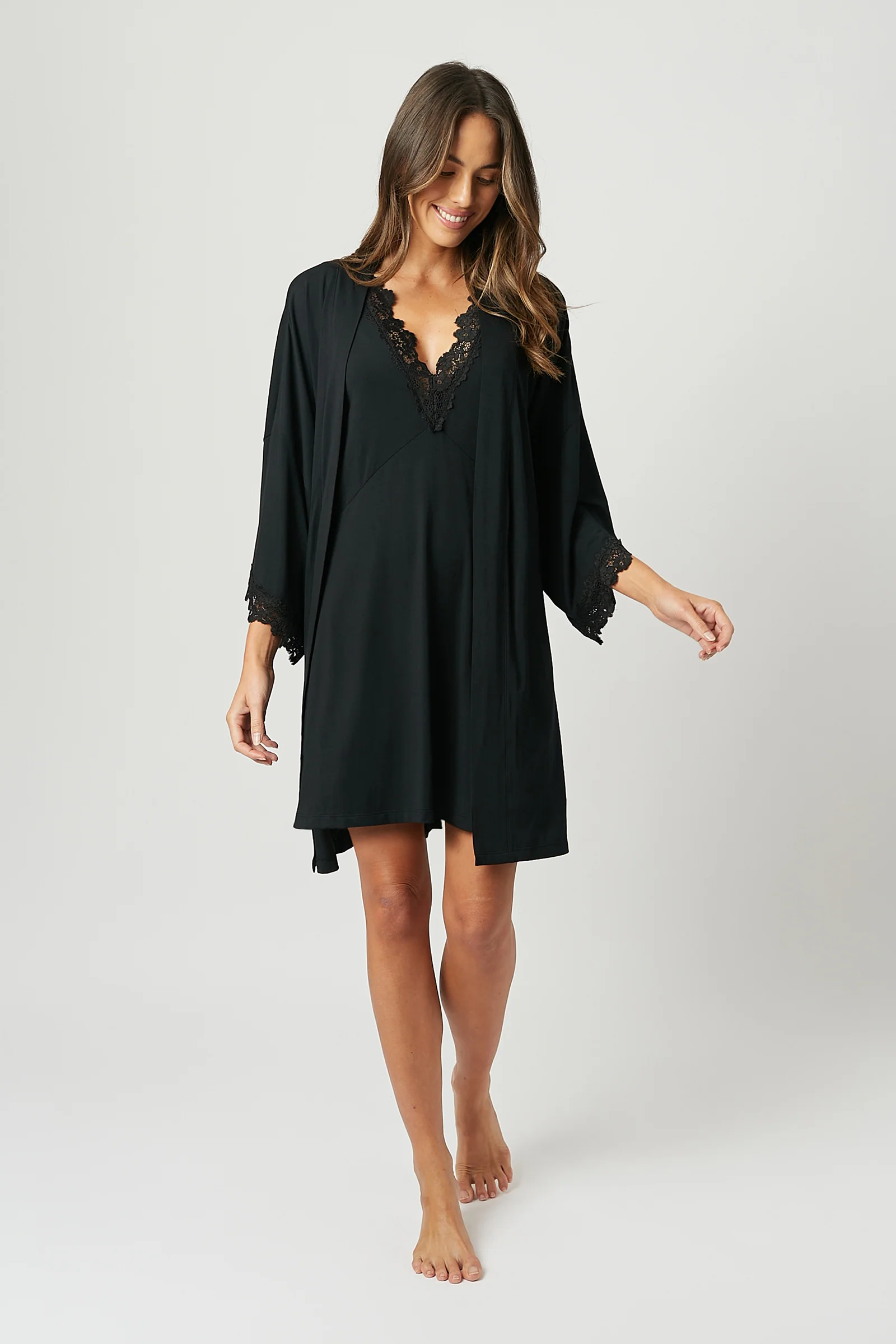 Lace Trim Modal Robe BLACK - Image 3