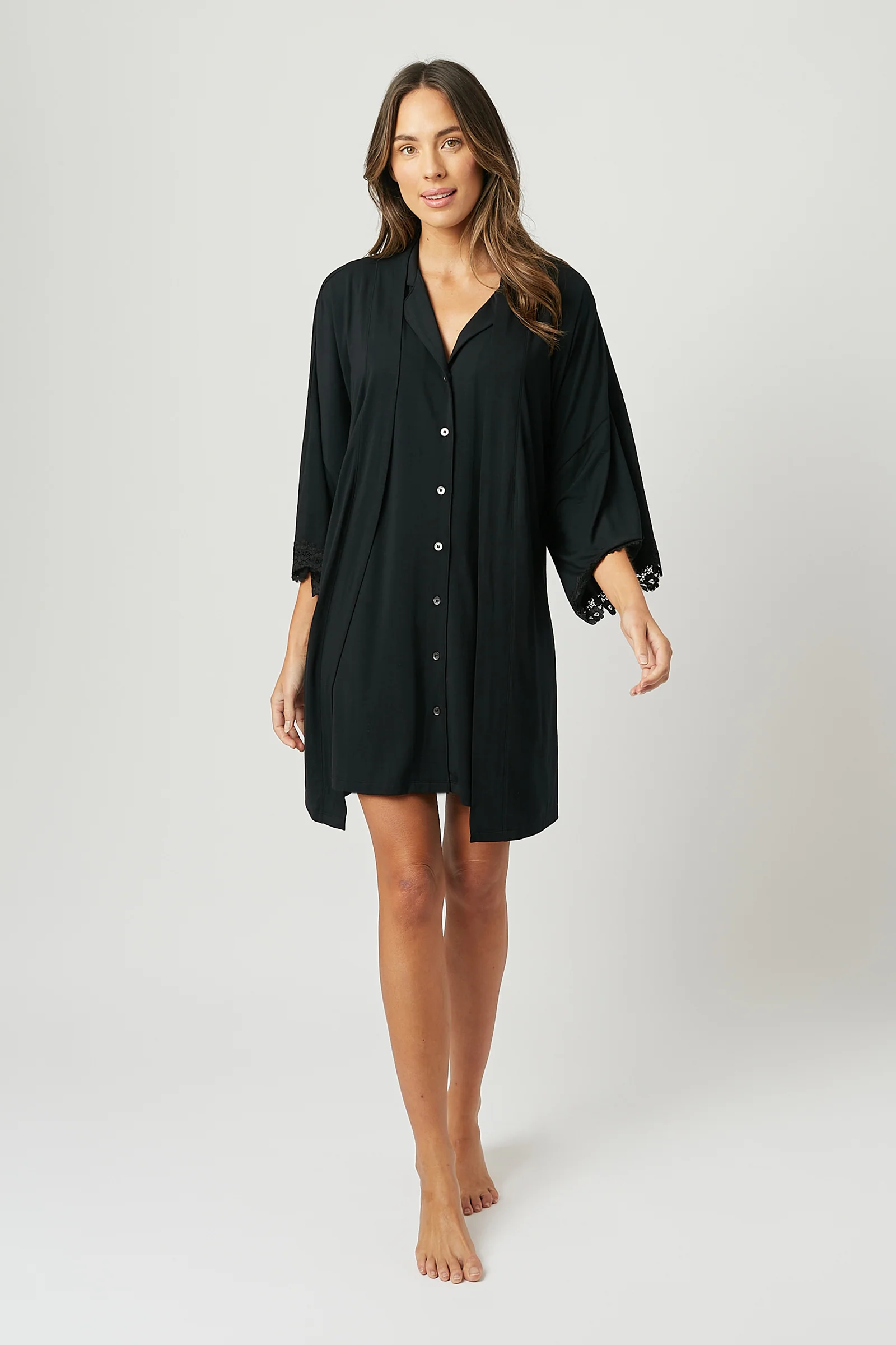 Lace Trim Modal Robe BLACK - Image 4