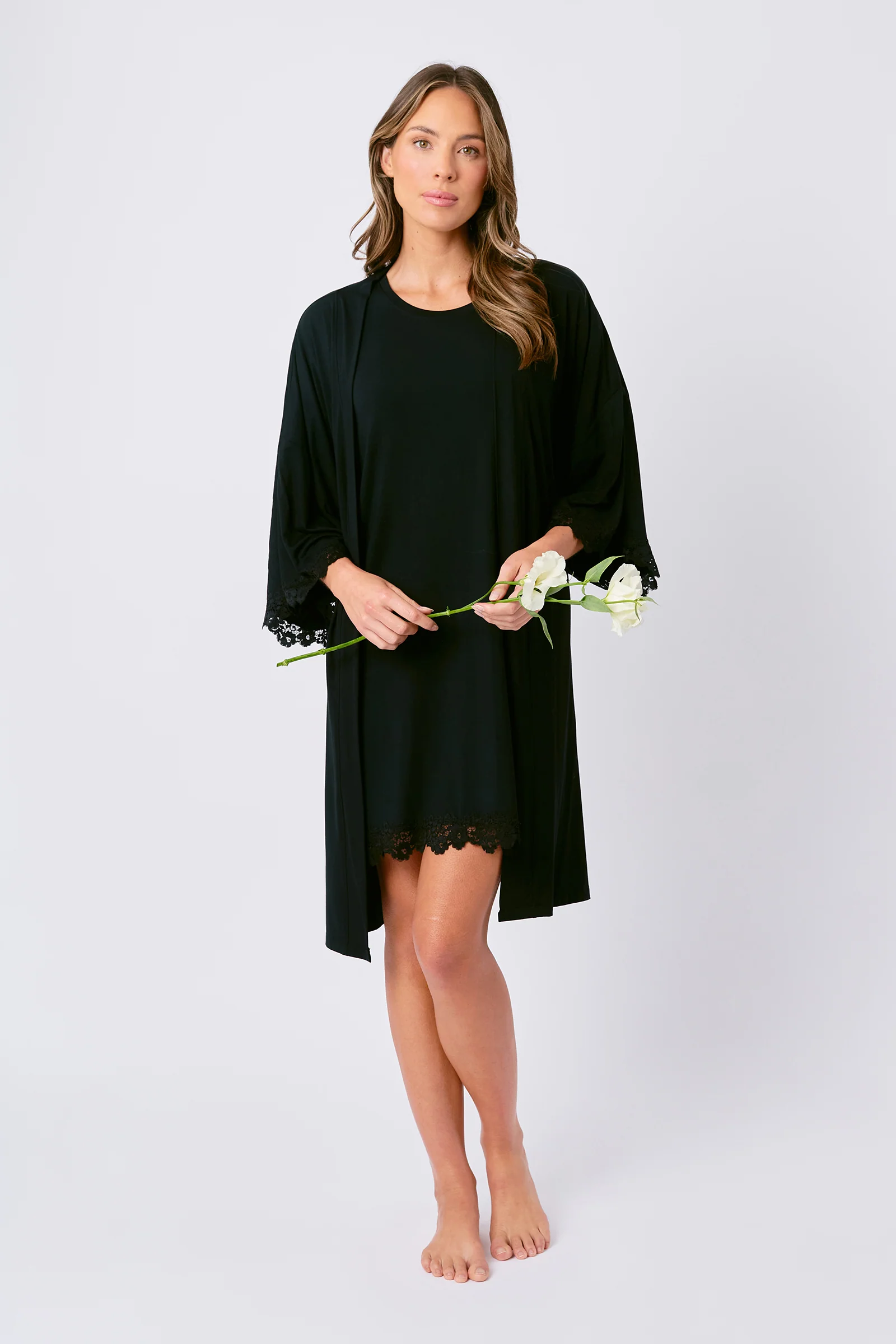 Lace Trim Modal Robe BLACK - Image 7
