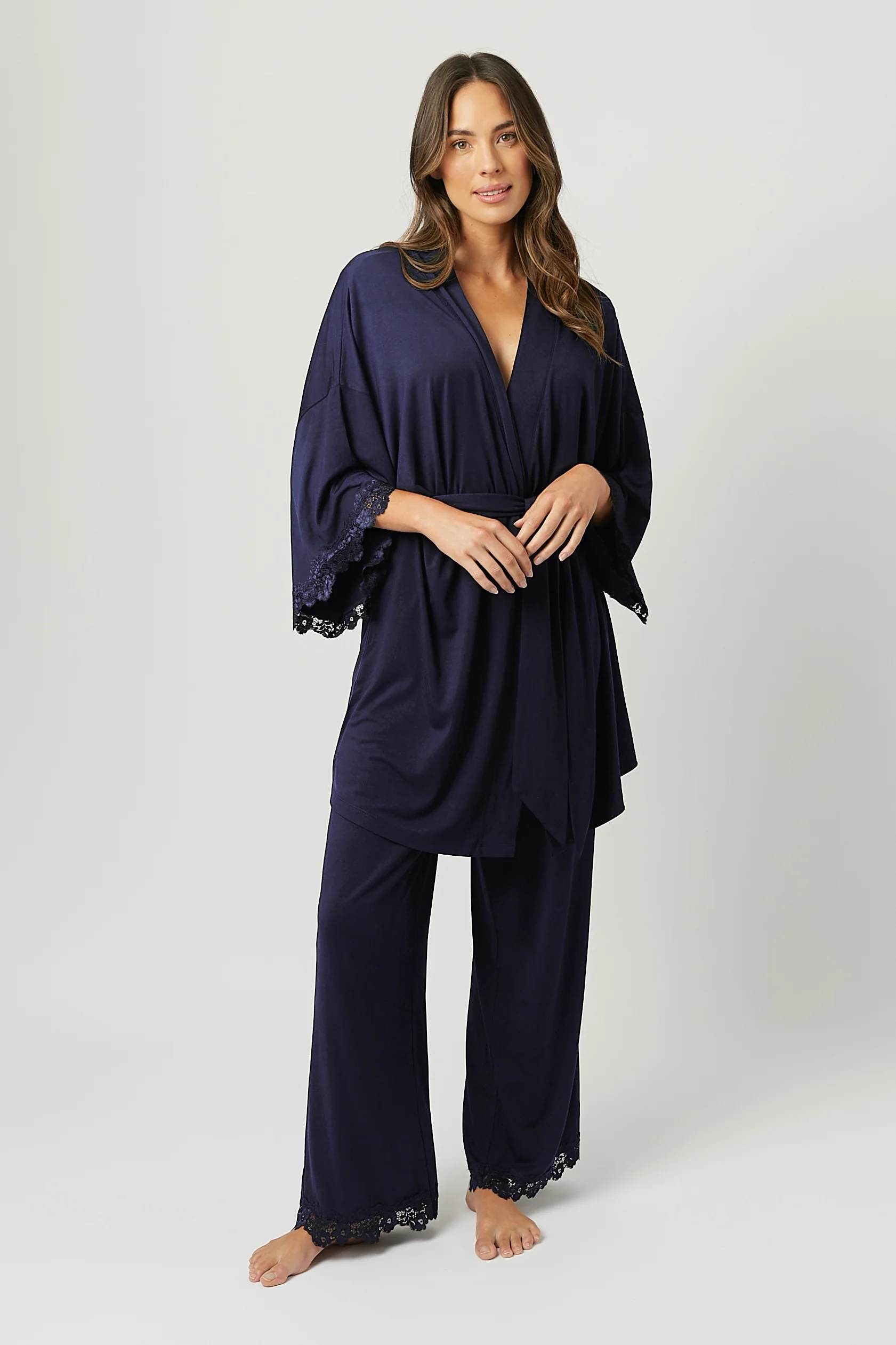 Lace Trim Modal Robe NAVY - Image 6