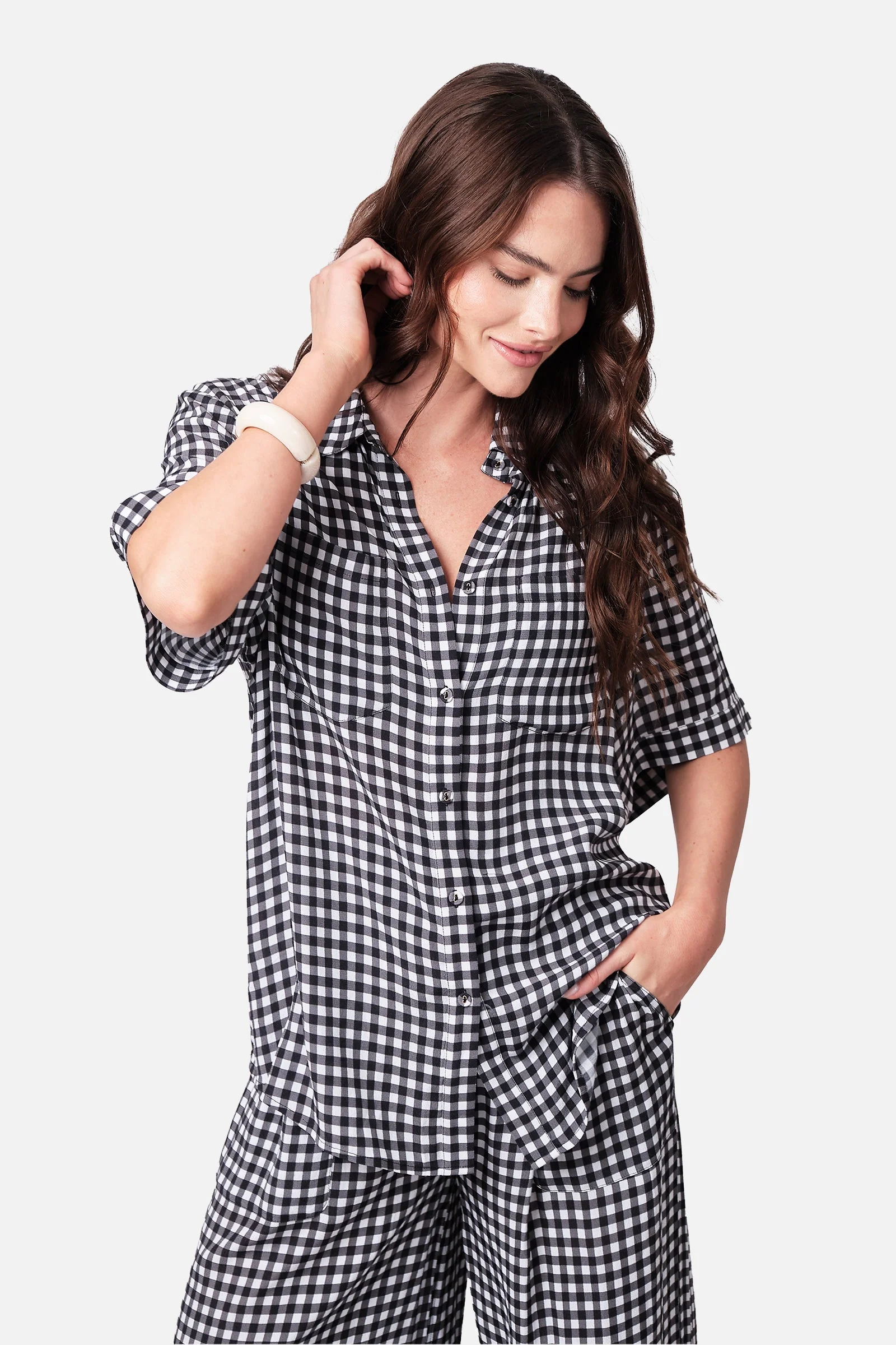 Short Sleeve Button-Up Shirt BLACK GINGHAM - Image 4