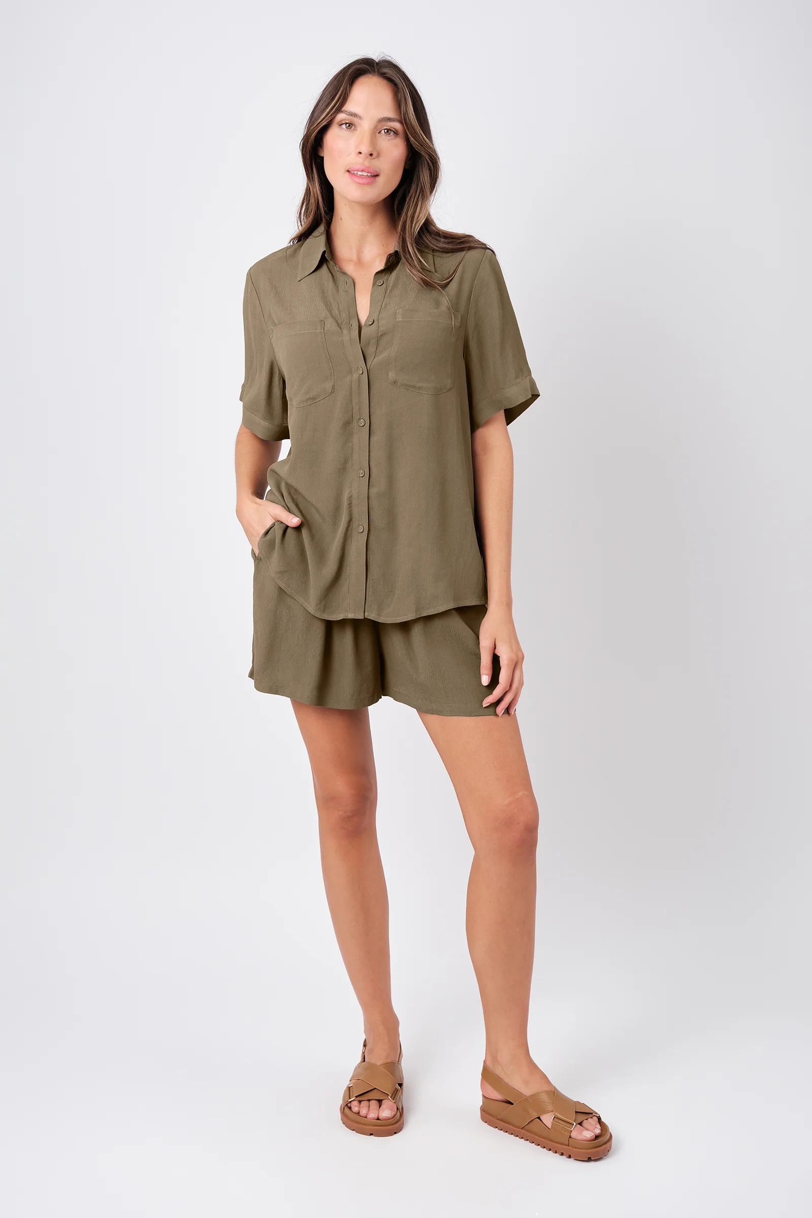 Short Sleeve Button-Up Shirt KHAKI - Image 8