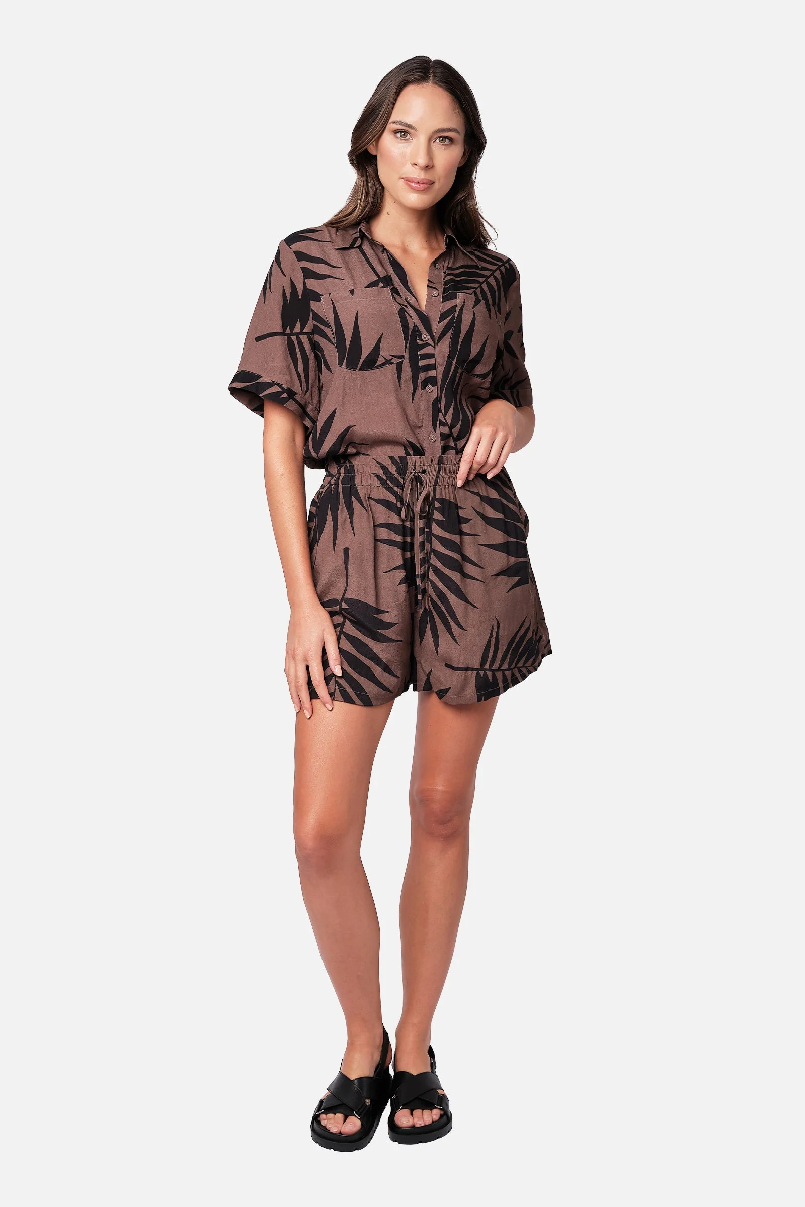 Short Sleeve Button-Up Shirt PALM SILHOUETTE CHOCOLATE - Image 5